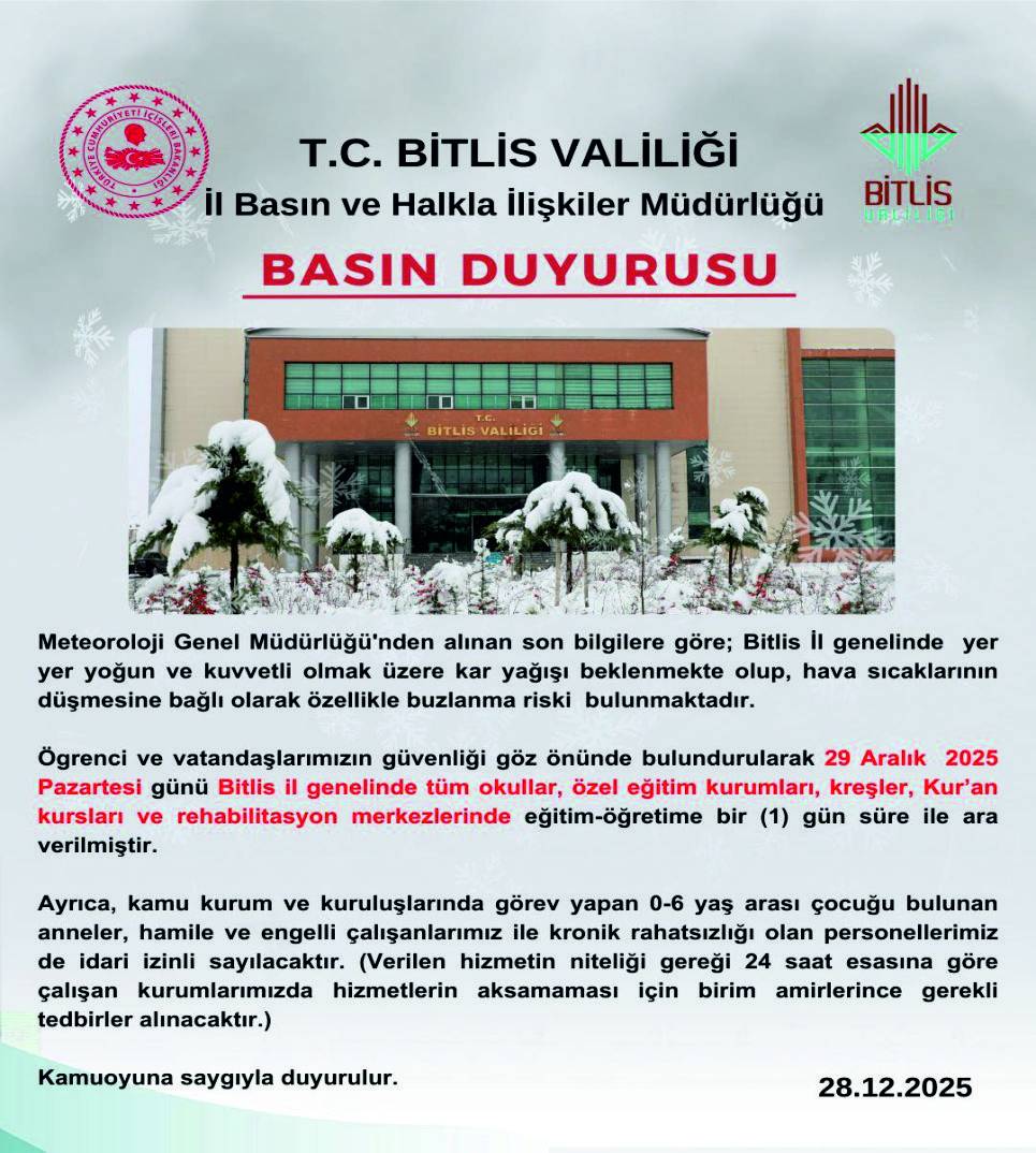 Bir Kar Tatili Haberi de Bitlis'ten