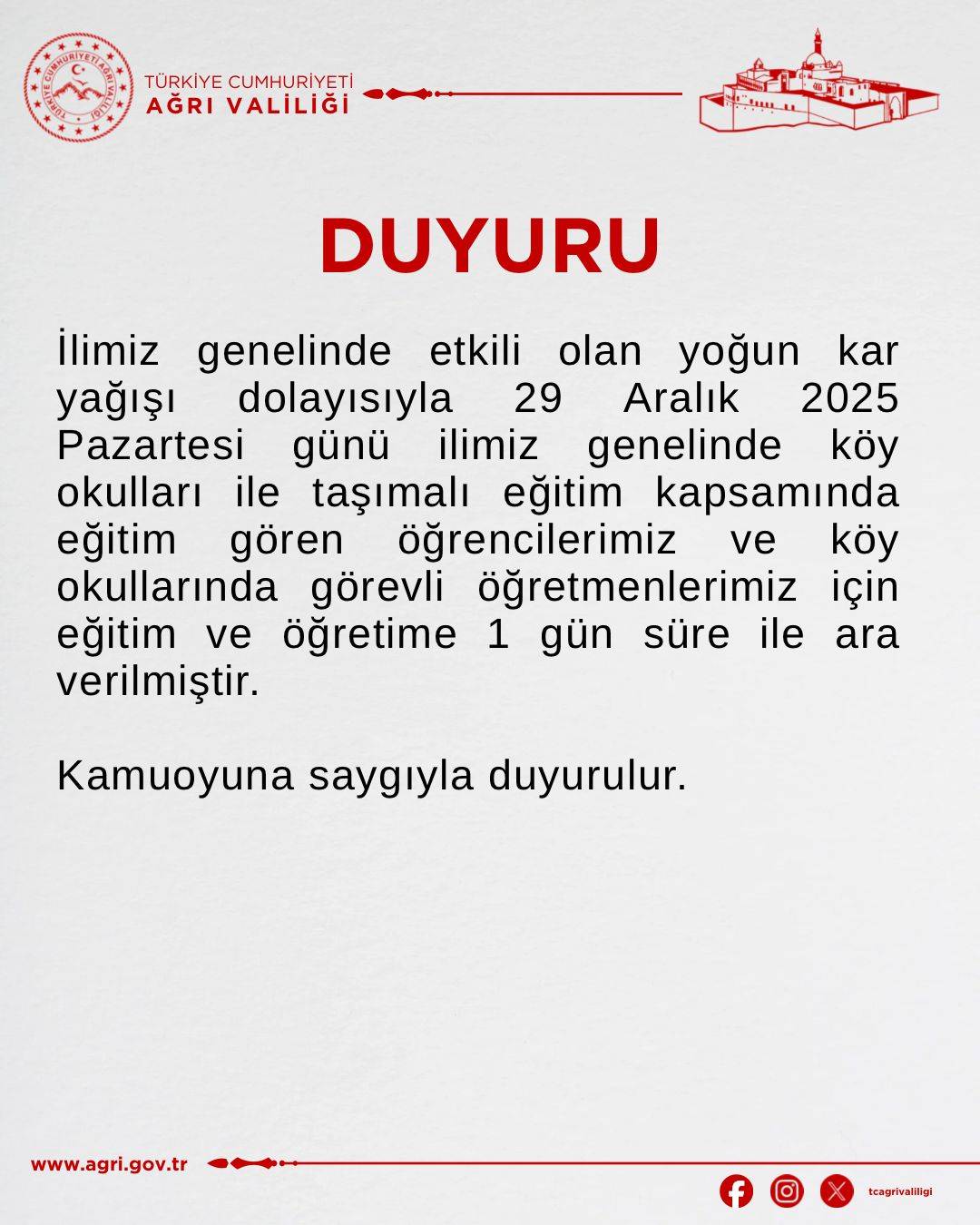 Ağrı’da Yılın İlk Kar Tatili