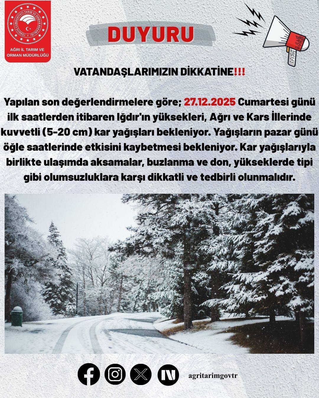 AĞRI’YA KUVVETLİ KAR YAĞIŞI UYARISI