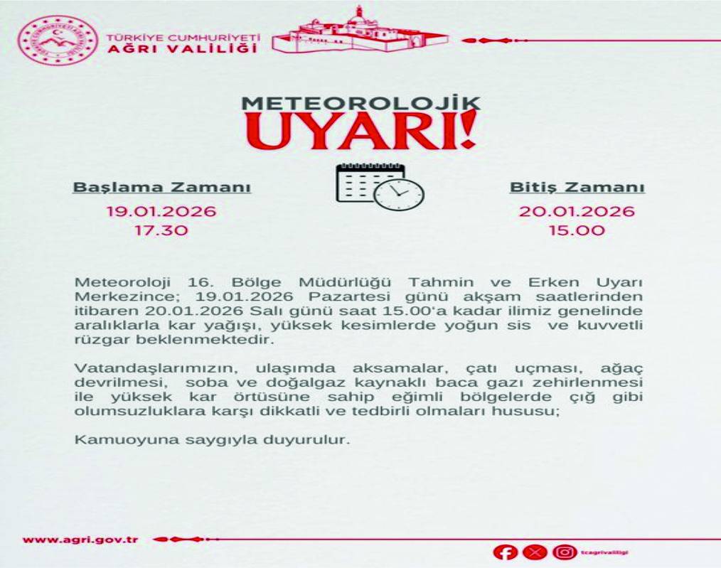 Ağrı Valiliği'nden Son Dakika Meteorolojik Uyarısı