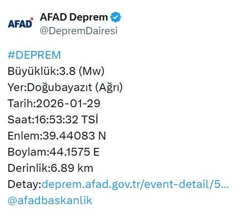 Ağrı’nın Doğubayazıt İlçesinde 3.8 Büyüklüğünde Deprem