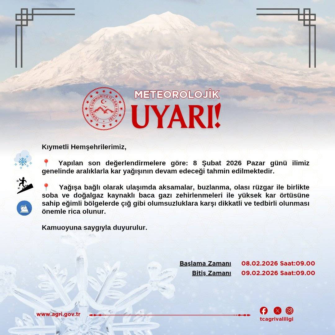 Ağrı Valiliğinden Kar Yağışı Uyarısı