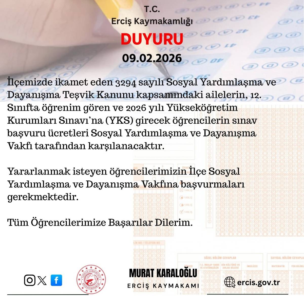 Erciş İlçe Kaymakamlığı'ndan Öğrencilere YKS Desteği Müjdesi