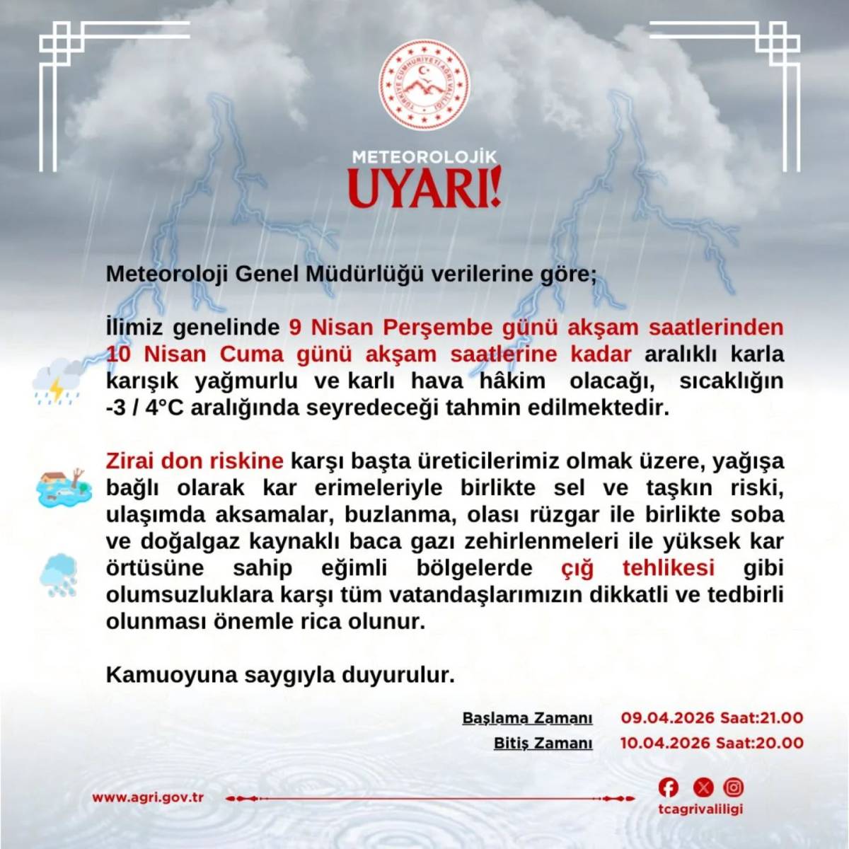 Ağrı Valiliği Olumsuz Hava Şartlarına Karşı Uyardı